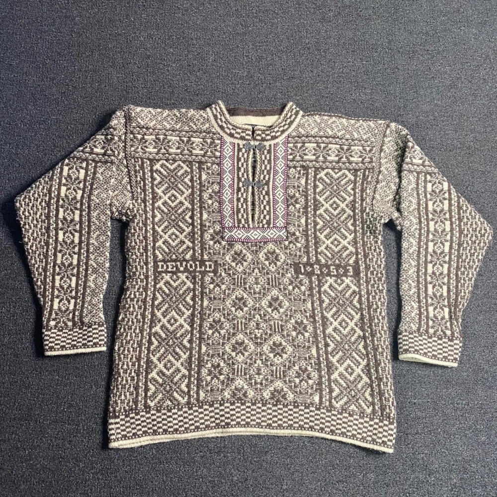 Devold By Olmes Carretti Nordic Fair Isle Wool Sweater Brown Mens‎ Medium Hooks